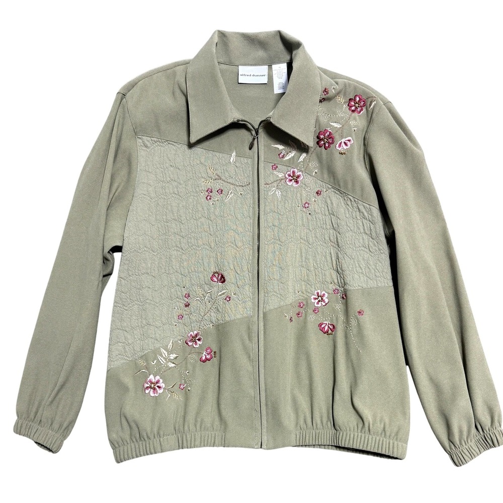 Alfred Dunner Jacket Womens 16 Green Embroidered Floral Zip Front Lined Collar